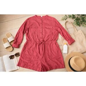 Old Navy XL Linen Blend Romper Jumpsuit Coral Red Button Front Tie Waist Women’s